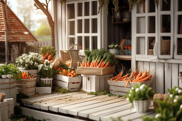 Фото Весенний тематический фотографический фон с белой и коричневой верандой и коробками, заполненными морковью