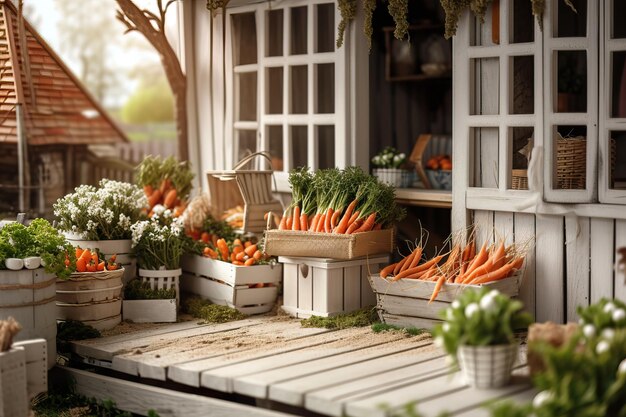 Photo springthemed photographic background with white and brown veranda and carrotfilled boxes