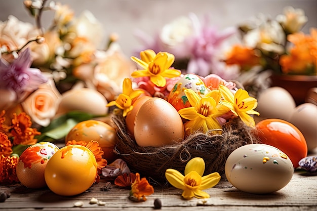 Springthemed table setting with flowers and colorful eggs Generative AI