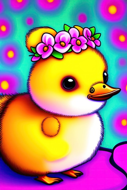 Springtime adorable baby duckling wearing a flower crown