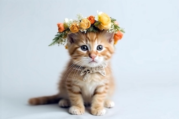 Springtime adorable baby kitten wearing a flower crown Generative ai