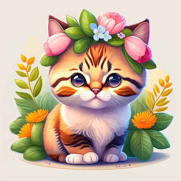 Springtime adorable baby kitten wearing a flower crown