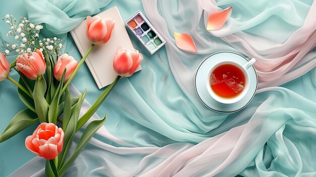 Springtime Art and Tea Flat Lay