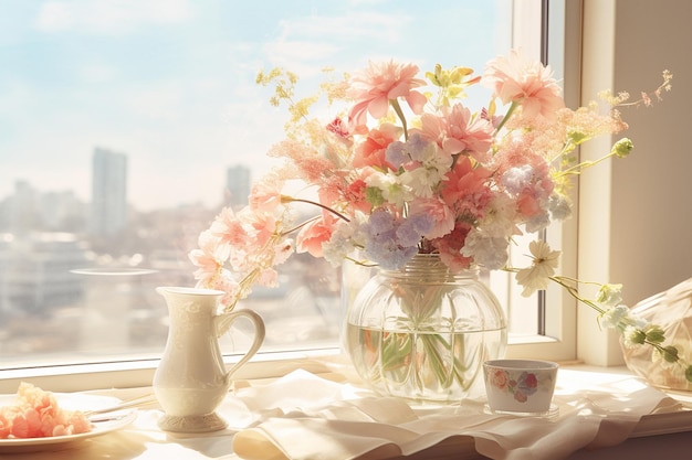 Весенний бранч с цветочными аранжировками и пастельными цветами