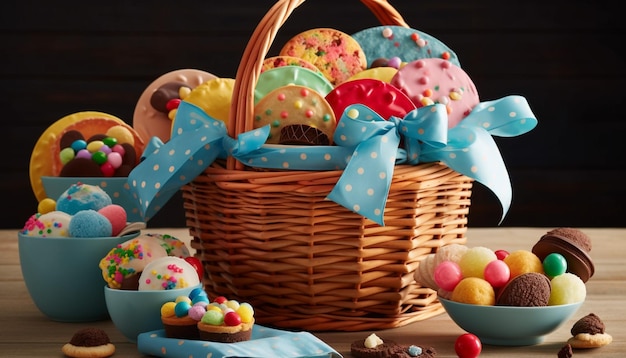 Springtime celebration colorful eggs adorn wicker basket generated by AI