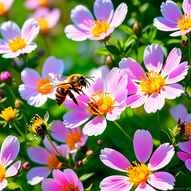 Весенний сад с цветущими цветами, жужжащими пчелами и нежным бризом, мягким рассеянным светом.