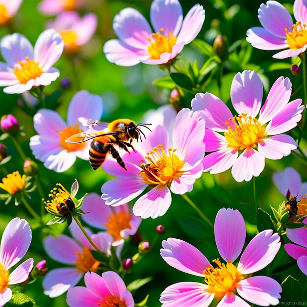 a springtime garden with blooming flowers buzzing bees and a gentle breeze soft diffused lightin