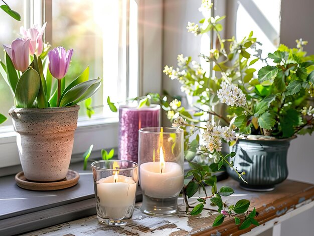 Foto decorazione della casa primaverile decorazioni interne primaverili con fiori e candele accese bianche brillanti