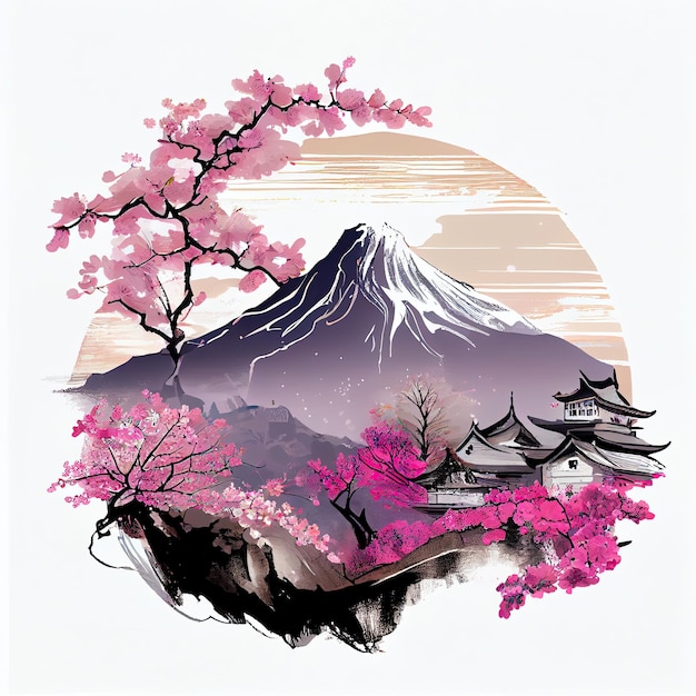 Springtime in Japan cherry blossom illustration majestic mountain peaks Highlights natural beauty of snowcapped landscapes dotted with blooming sakura