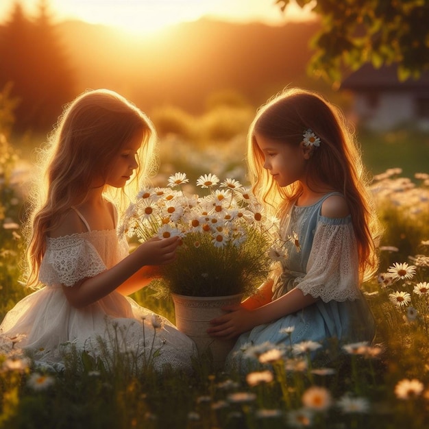 Springtime Joy Children Amidst Blooming Flowers Children sharing flowers in spring season