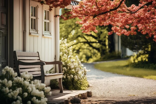 Foto picnic primaverile vicino a un giardino in fiore