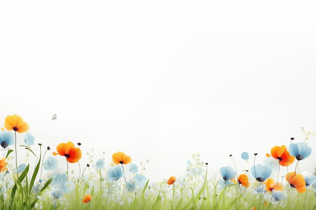 Photo springtime poppies and baby blue flowers with butterfly and copy space