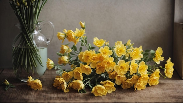 비 에 담긴 노란 꽃 을 특징 으로 하는 봄 의 평온 한 정물