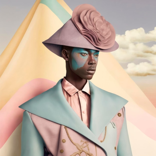 Springtime Sophistication A Pastel Masculine Haute Couture Suit on Black Model Amidst AfricanInspired Hyperrealistic Backdrop