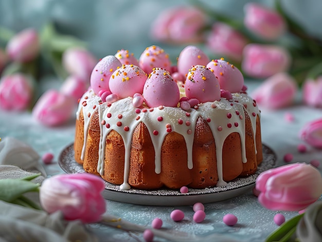 Springtime Sweetness Easter Cake Display with Tulips