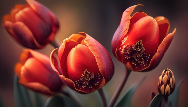 Springtime tulip blooms in closeup crimson