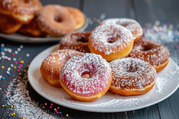 Sprinkled baked donuts on white plate on the table