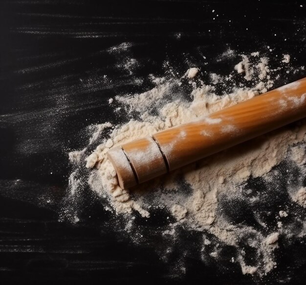 sprinkled wheat flour and a wooden rolling pin on black background