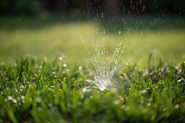 Sprinkler casting a shower of water droplets on freshly cut lawn