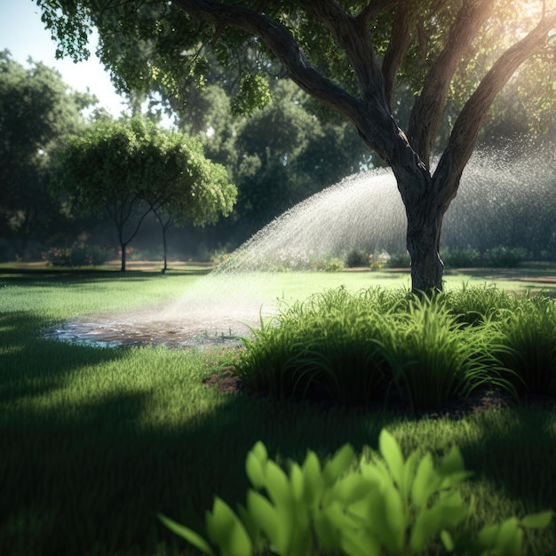 Sprinkler in Park Sproeiend Water op Weelderig Groen Gras Illustratie AI Generatief