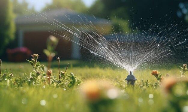 スプリンクラーが芝生に水を噴射している