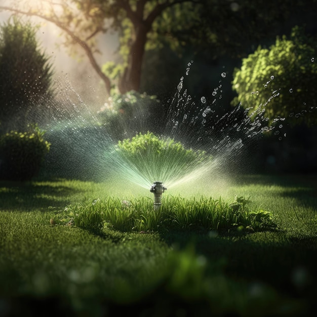 Sprinkler in Park Spraying Water on Lush Green Grass Illustration AI Generative