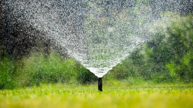 Foto sprinkler systeem het irrigeren van een levendig groen gazon op een heldere dag