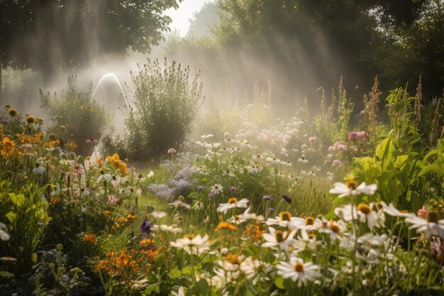 Sprinkler system misting over blooming garden with bees and butterflies flitting among the flowers