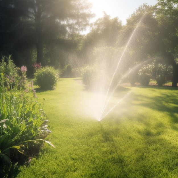 A sprinkler that is in the grass with the sun shining on it.