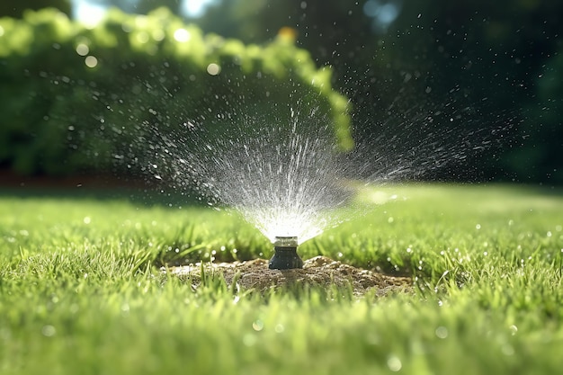 A sprinkler watering a lawn with a green background.