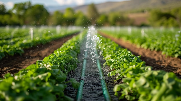 Sprinklers op een landbouwveld een veld van sla op een zonnige dag gewasverzorging