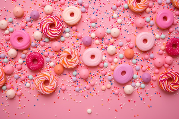 sprinkles on pink background in the style of aerial photography colorful cartoon use of paper
