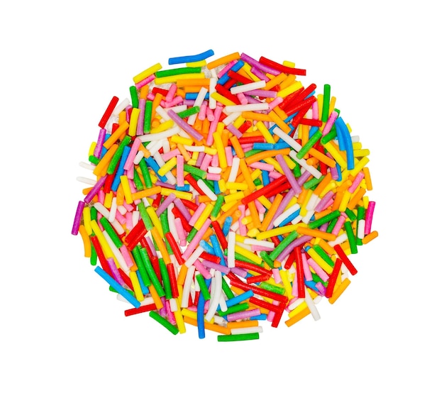 Sprinkling closeup for confectionery multicolored sweet round sticks of vermicelli in circle isolated on white background with clipping path