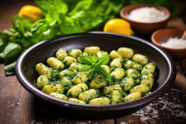 Foto spolverando gli gnocchi alle erbe nel piatto di ceramica