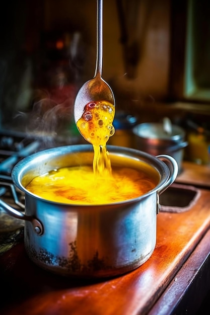 Photo sprinkling vibrant turmeric powder into boiling water