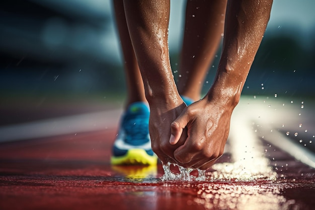 Sprinter wacht op de start van de race op atletiekbanen in het buitenstadion Sport en fitness runner man atleet op blauwe renbaan met hardloopschoenen