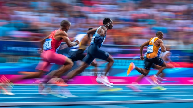 Sprinters in a highstakes race captured in a vivid streak of colors across the track