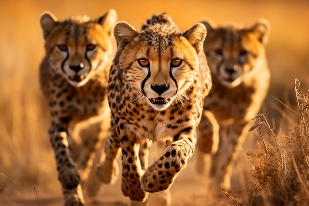 Sprinting Cheetah Pack в засушливой саванне Генеративный ИИ