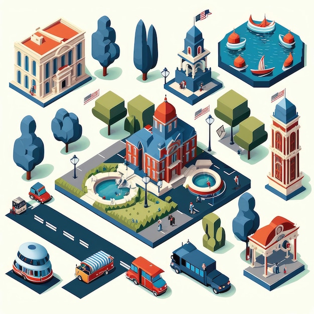 Photo sprite sheet of of isometric vector art city buildings streets river park architecture red and blue accents public spaces people in public space white background ai generated