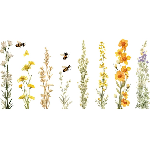Photo sprite sheet long strips of bee and floral designs isola