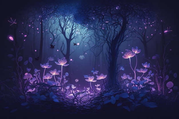 Sprookjesachtig magisch bos met verlichtingspad. Generatieve Ai-kunst. Fantasie landschap illustratie