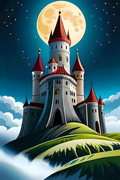 Sprookjesachtig magisch kasteel op heuvel en de volle maan