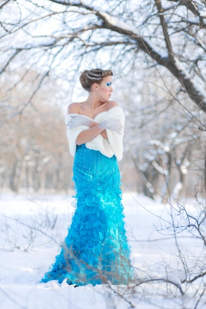 Sprookjesachtige cosplay op sneeuwkoningin Vrouw in de jurk poserend in het besneeuwde bos