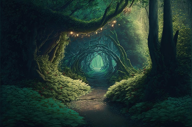 Sprookjesbeeld met sprookjesbos, hoge bomen en groen gras, en een mysterieus pad, Generative A