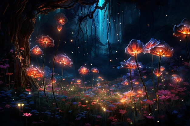 Sprookjesbos 's nachts fantasie gloeiende bloemen en lichten generatief