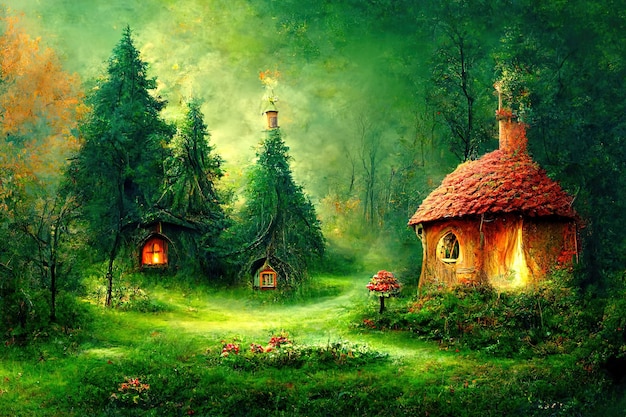 Sprookjesfantasiebos met groen gras en klein huisje in het bos met hoge bomen illustratie Generatieve Ai