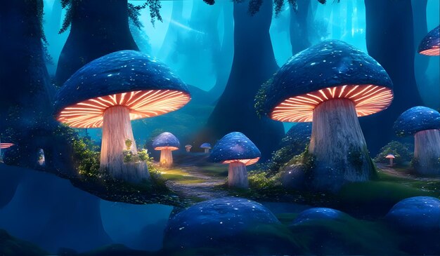 Sprookjeshuizen in fantasiebos met gloeiende paddenstoelen Digitaal kunstwerk ai generatief