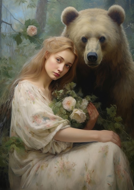 Sprookjesillustratie van een mooie jonge vrouw met een beer