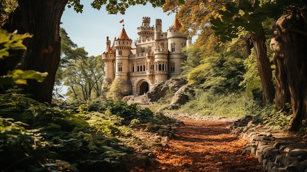 Sprookjeskasteel in een fantasiewereld Sprookjeskasteel op de heuvel Uitzicht op een prachtig kasteel in het midden van een groen bos