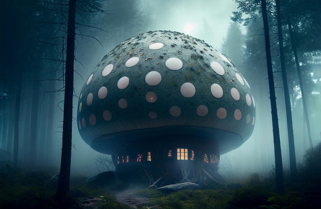 Sprookjespaddestoel als huis in griezelig bos Generatieve AI illustratie